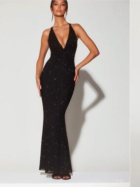 Oh Polly Black Sequin Plunge Halter Backless Dress